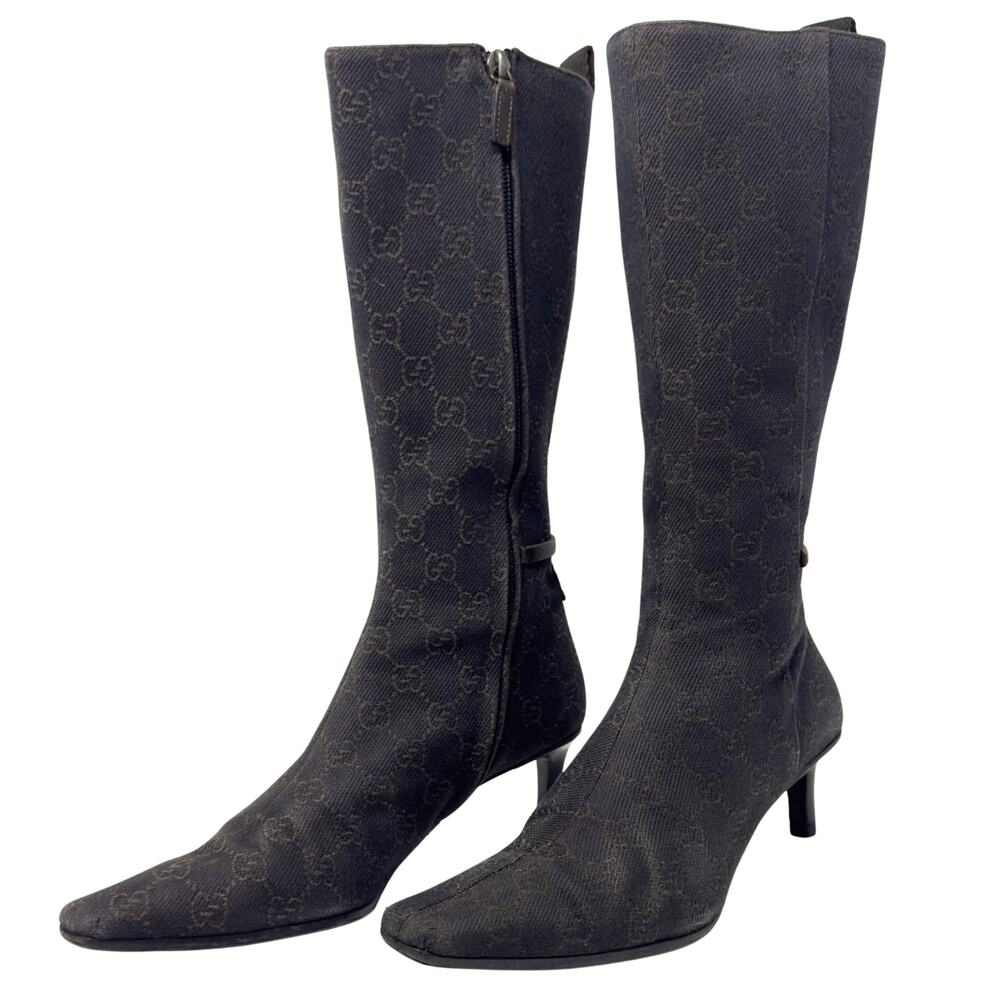Gucci Boots Knee High Tall Brown Monogram GG Logo Western Cowboy Heels 37.5 - Picture 3 of 11